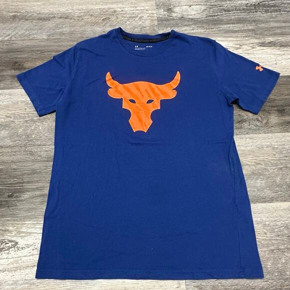 Under Armour Project Rock Brahma Bull Blue Orange Mens M Loose Graphic T-Shirt - Picture 1 of 9